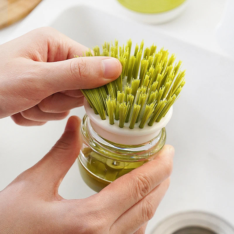 "2-in-1 Soap Dispensing Dish Brush with Storage Stand – Palm Scrubber with Drainage Base for Easy Bowl & Cookware Cleaning"