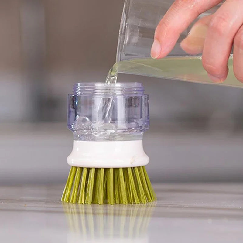 "2-in-1 Soap Dispensing Dish Brush with Storage Stand – Palm Scrubber with Drainage Base for Easy Bowl & Cookware Cleaning"