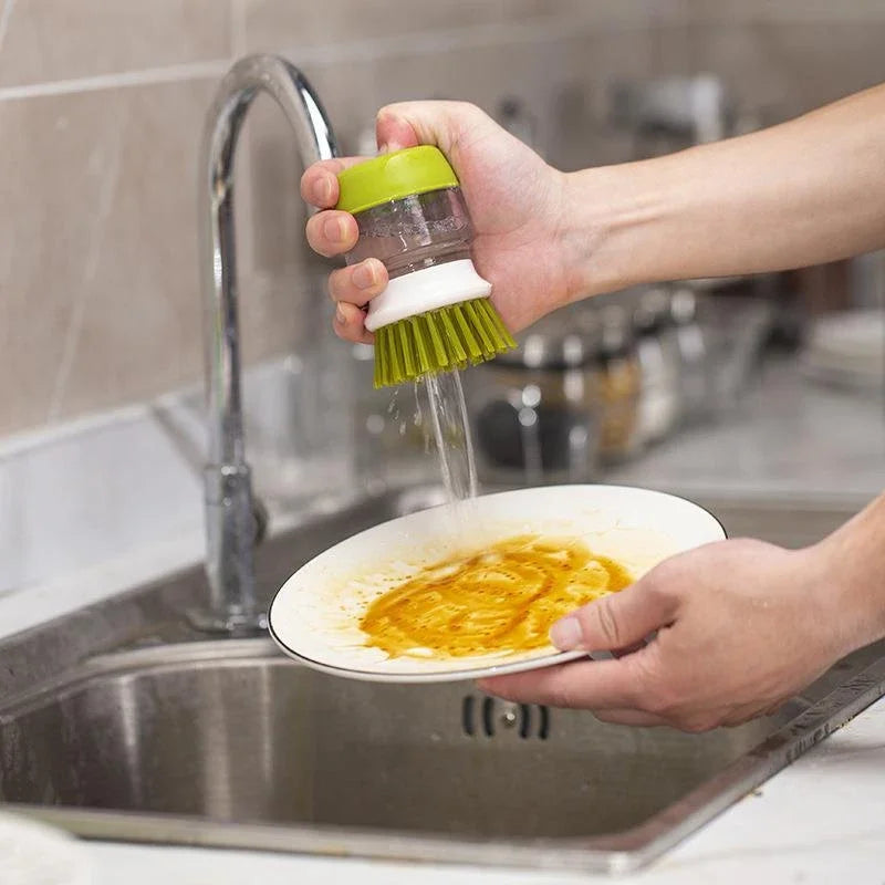 "2-in-1 Soap Dispensing Dish Brush with Storage Stand – Palm Scrubber with Drainage Base for Easy Bowl & Cookware Cleaning"
