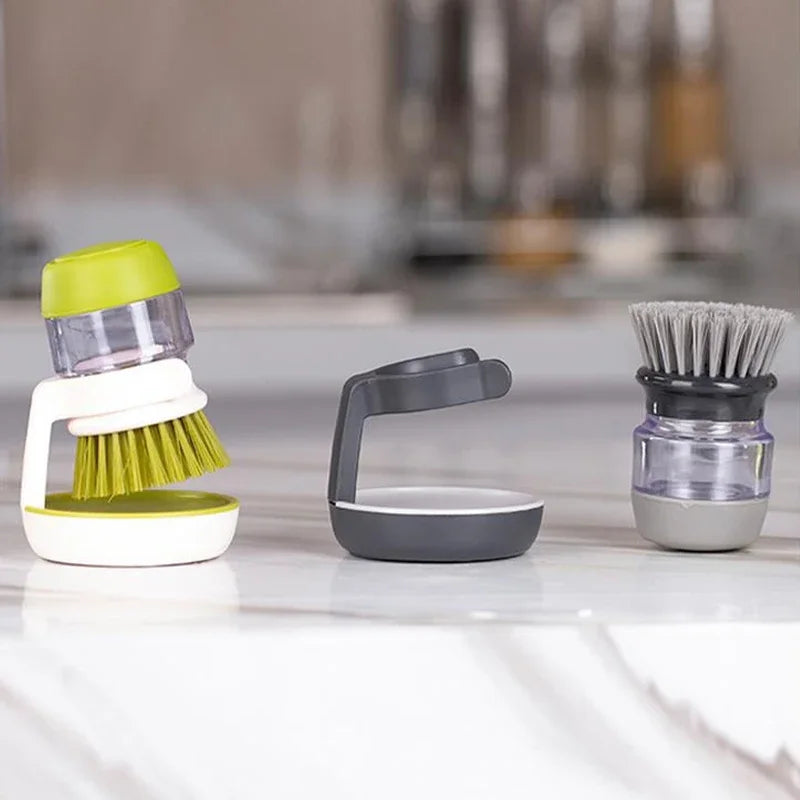 "2-in-1 Soap Dispensing Dish Brush with Storage Stand – Palm Scrubber with Drainage Base for Easy Bowl & Cookware Cleaning"