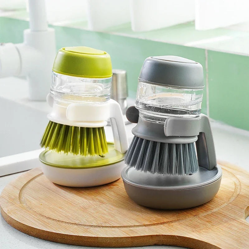 "2-in-1 Soap Dispensing Dish Brush with Storage Stand – Palm Scrubber with Drainage Base for Easy Bowl & Cookware Cleaning"