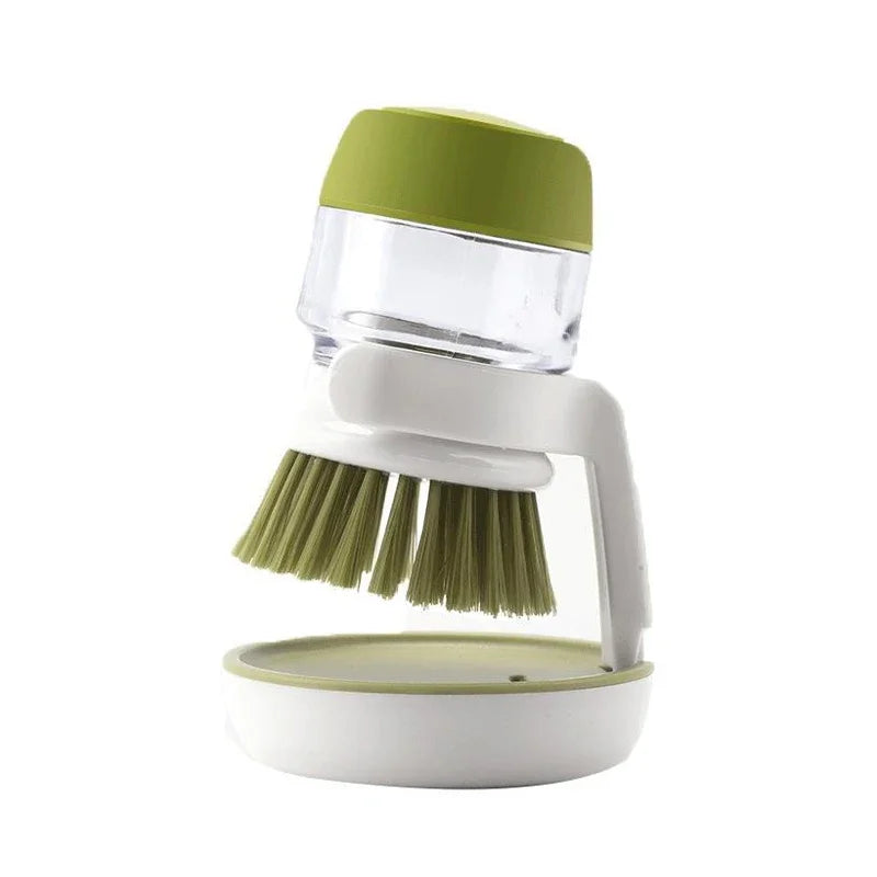 "2-in-1 Soap Dispensing Dish Brush with Storage Stand – Palm Scrubber with Drainage Base for Easy Bowl & Cookware Cleaning"