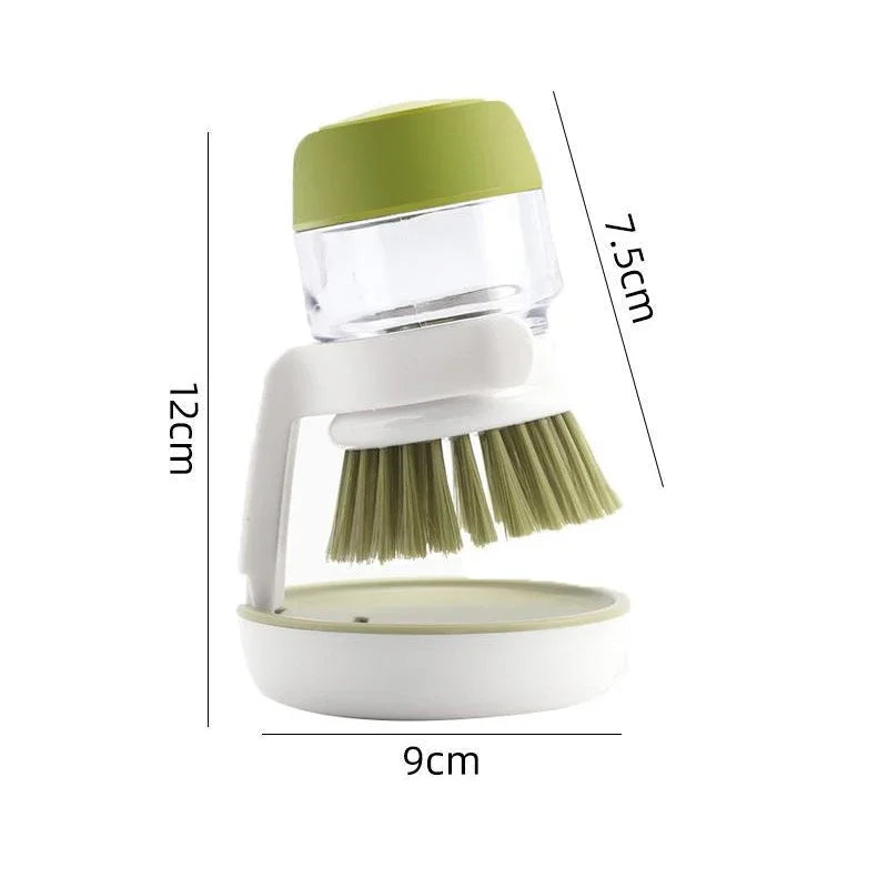 "2-in-1 Soap Dispensing Dish Brush with Storage Stand – Palm Scrubber with Drainage Base for Easy Bowl & Cookware Cleaning"