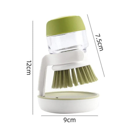 "2-in-1 Soap Dispensing Dish Brush with Storage Stand – Palm Scrubber with Drainage Base for Easy Bowl & Cookware Cleaning"
